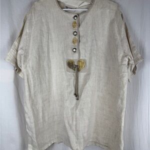 100%  linen. Women’s Beige Short Sleeve Shirt